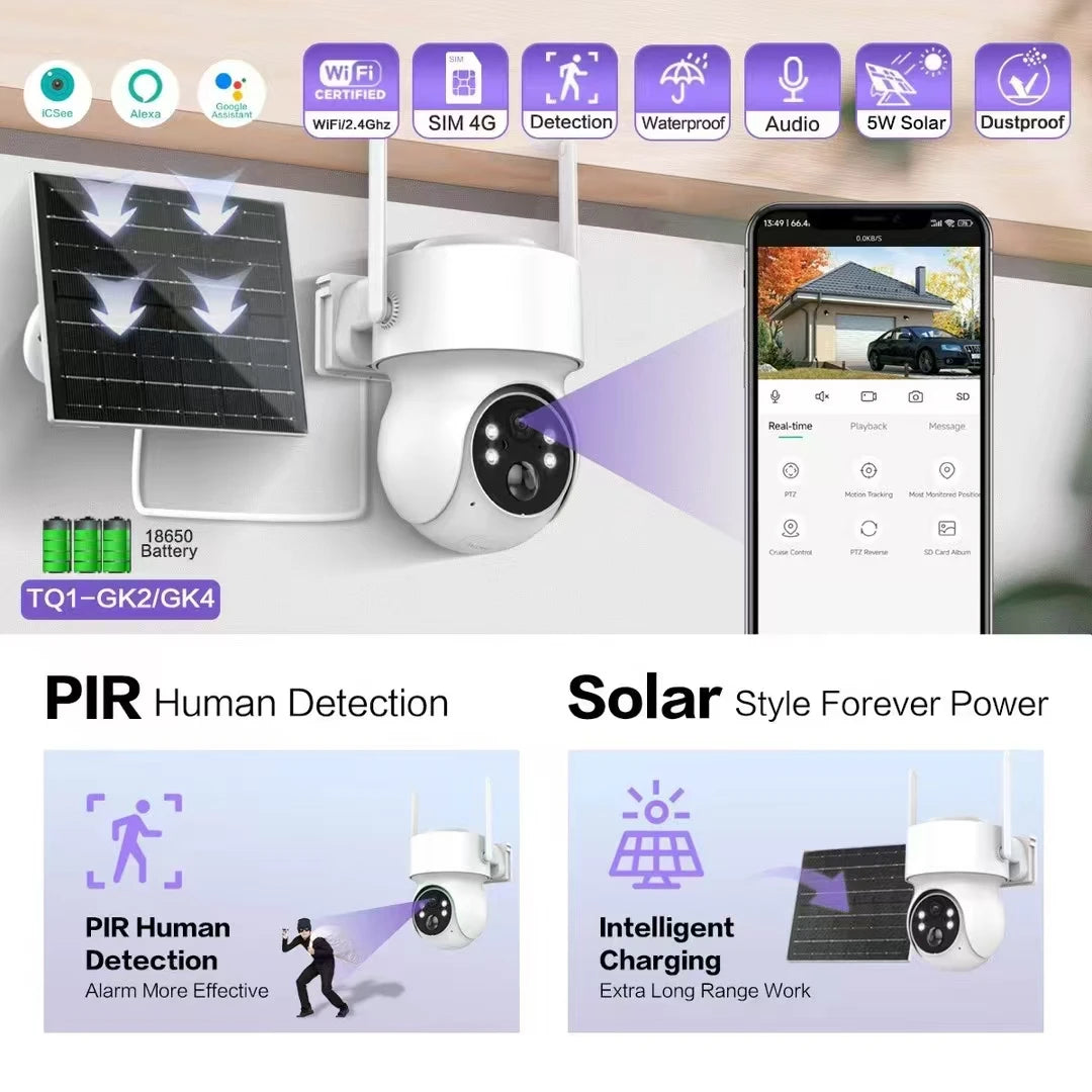 Icsee 3MP WiFi Outdoor Solar PTZ CCTV IP Security Camera Home 360 Ptz Mini Solar Surveillance System with Built-in Mic