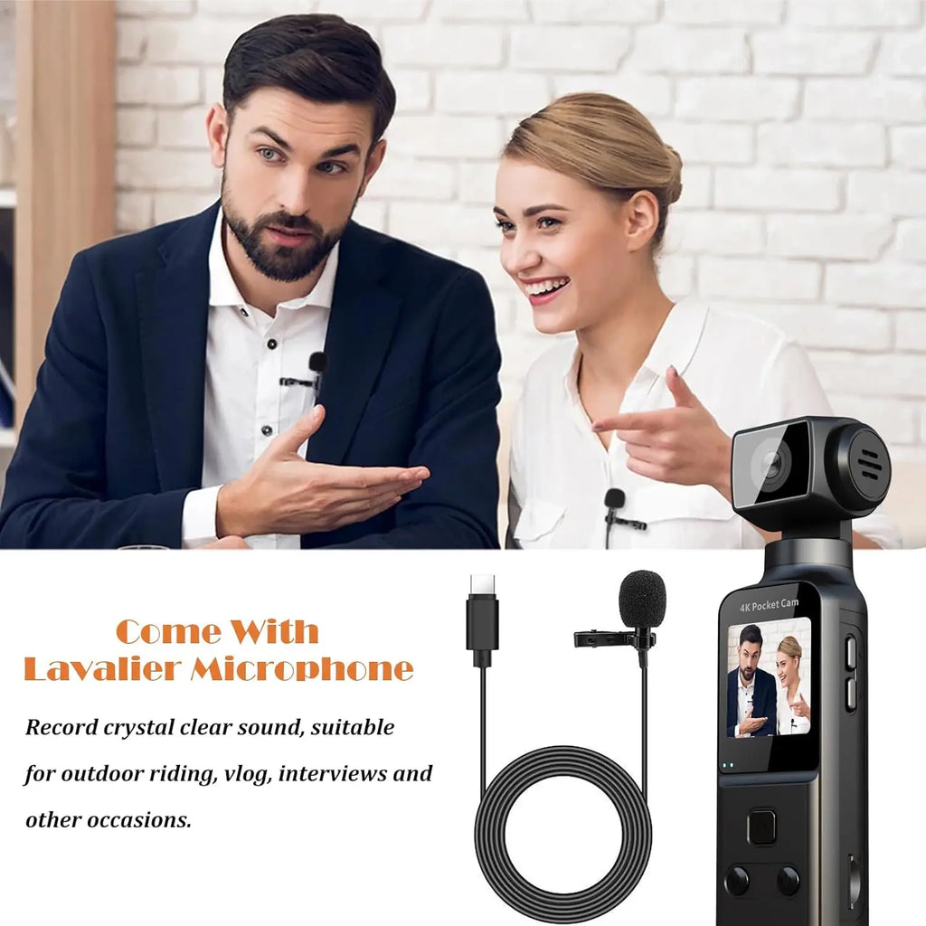 4K Body Camera with External Microphone, Mini Video & Audio Pocket Cam 180° Rotation Camera