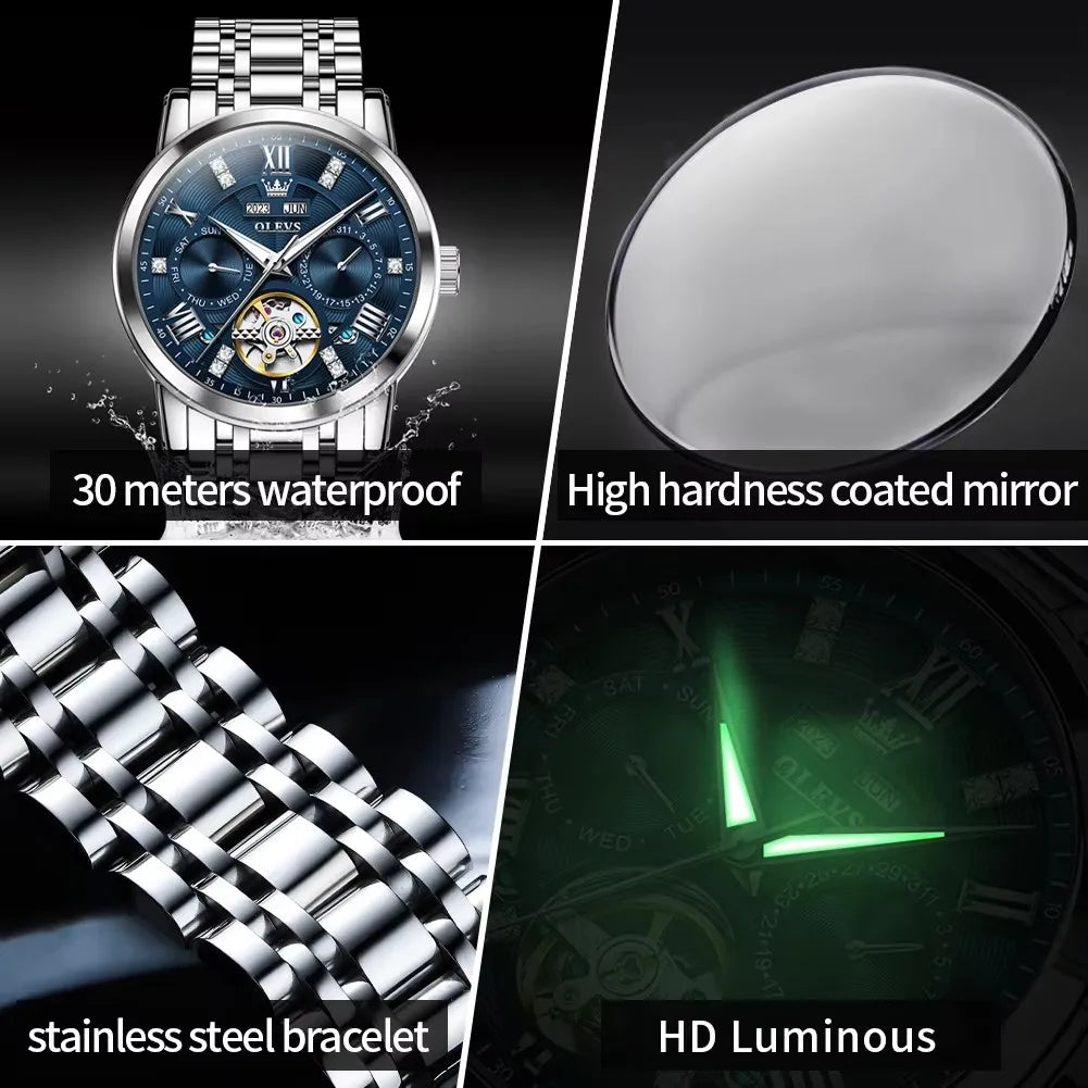 OLEVS 6701 Tourbillon Mechanical Skeleton Hollow Out Men's Watches Automatic Stainless Steel Strap Original Wristwatch for Men