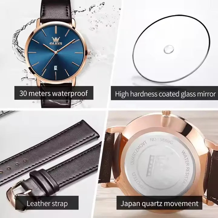 OLEVS 5869 Men's Watches Leather Strap Waterproof Auto Date Man Watch Fashion Simplicity Ultra Thin Quartz Wrist Watch for Men