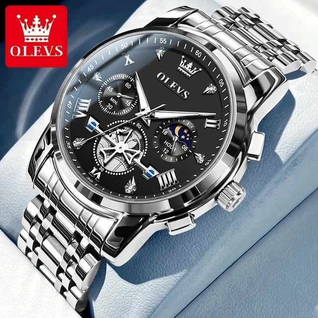 OLEVS Luxury Men's Watches Classic Roman Scale Flywheel Moon Phase Waterproof Quartz Watch for Men Classic 2856 Chronograph
