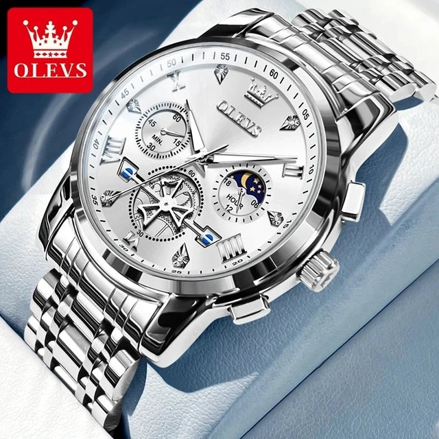 OLEVS Luxury Men's Watches Classic Roman Scale Flywheel Moon Phase Waterproof Quartz Watch for Men Classic 2856 Chronograph