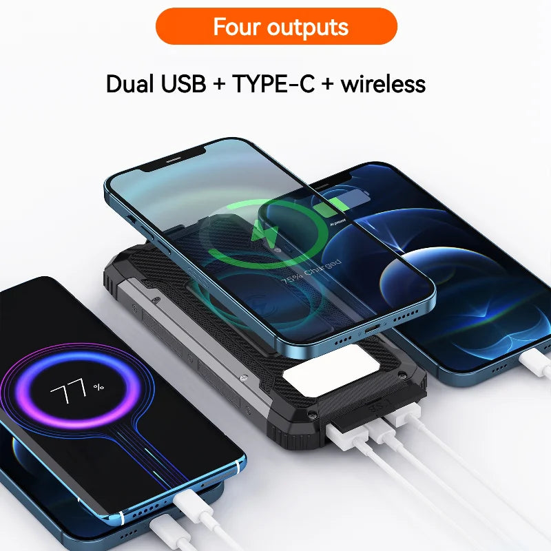 20000mAh Portable Solar  Charging Waterproof Power Bank Outdoor Chargeur Solaire Strong LED Light Solar Power Bank
