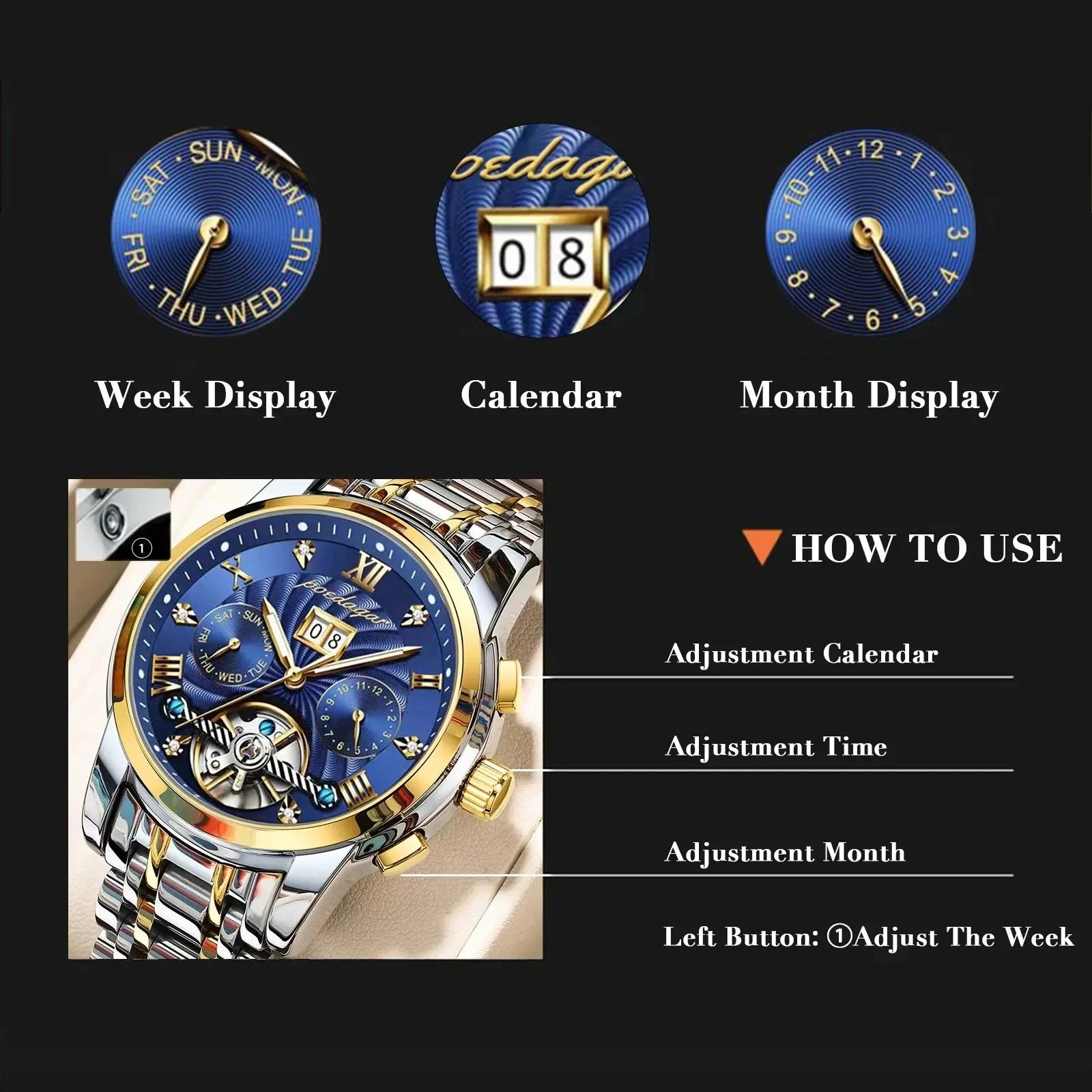 POEDAGAR 1408 Waterproof Date Stainless Steel Belt Men's Watches Luxury Hollow Tourbillon Automatic Mechanical Men Wrist Watch