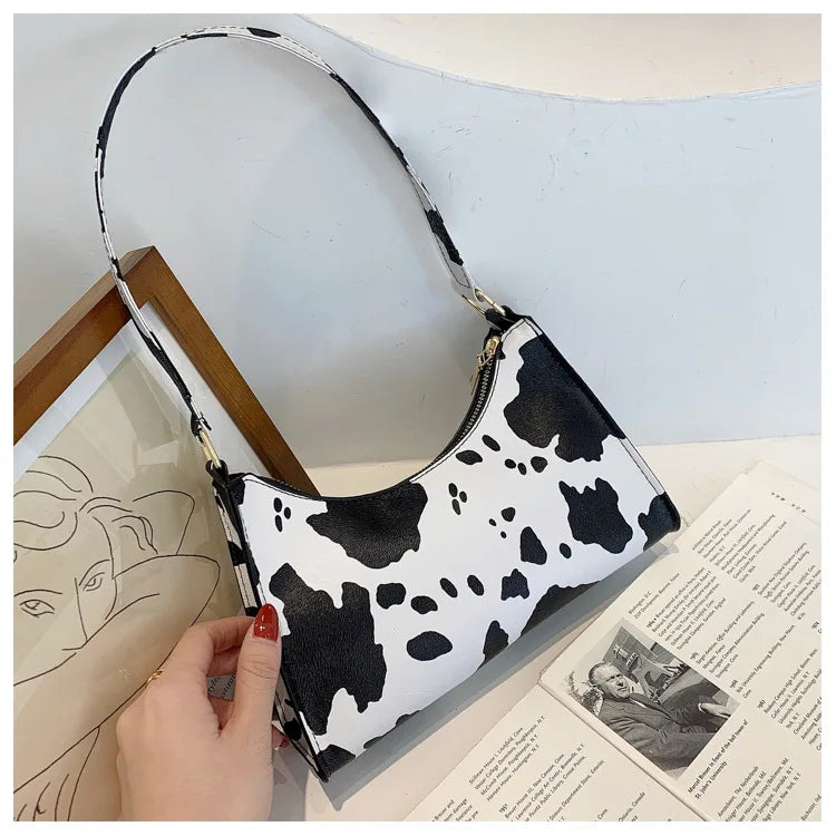 INS Stylish Animal Print PU Leather Underarm Hand Bags Cow Printing Ladies Purse Fashion Women Handbags