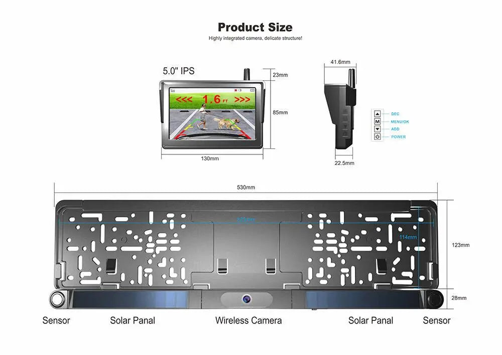 Vehicle DIY 5 Inch Monitor EU Car License Plate Camera Solar Wireless 170 Degree WiFi 720P HD Car Front Rear View Reverse Camera