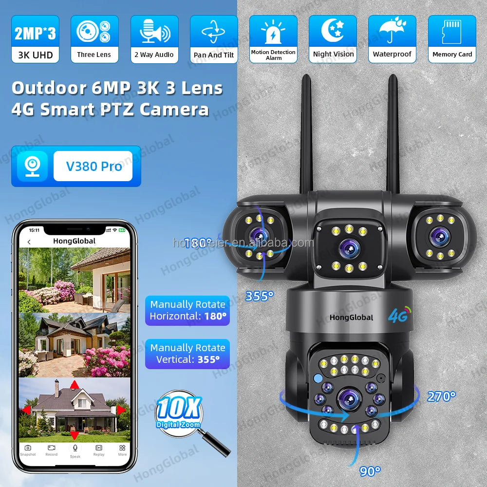 HongGlobal 6MP 360 Network Surveil PTZ 3Lens 4G LTE Network Camera Home Indoor Security Outdoor V380 Pro 4G Sim Card CCTV Camera