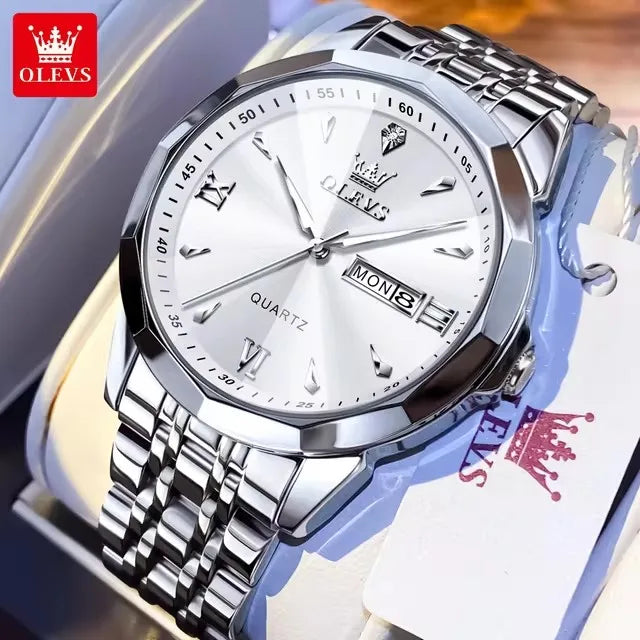 OLEVS 9998 Luxury Male Dual Calendar Luminous Wristwatch Fashion Original Men's Watches Waterproof Stainless Steel Quartz Watch