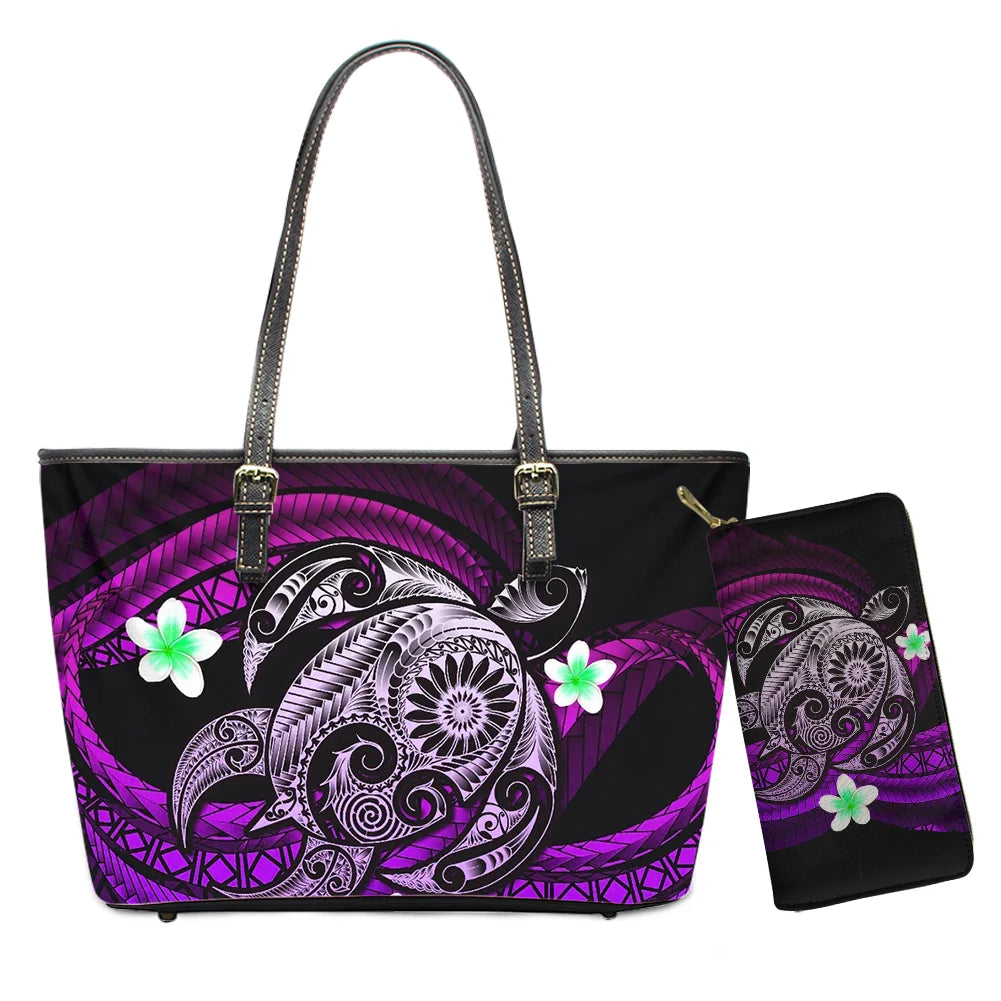 Hawaiian Flower Polynesian Design Print Women Handbags and Purses Set Customized Large Leather Tote Matching Long Zipper Wallet