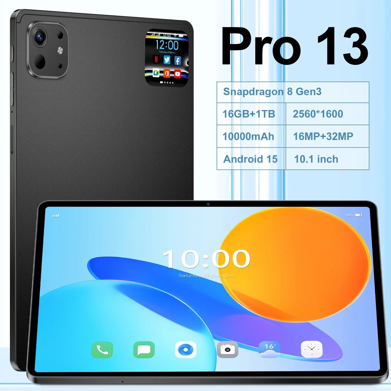 10.1 Inch Android 15 2-in-1 Tablet 16GB RAM 1TB ROM Octa-Core MTK 4G Dual SIM New 1920x1200 Business Study Education 2.0GHz Drop