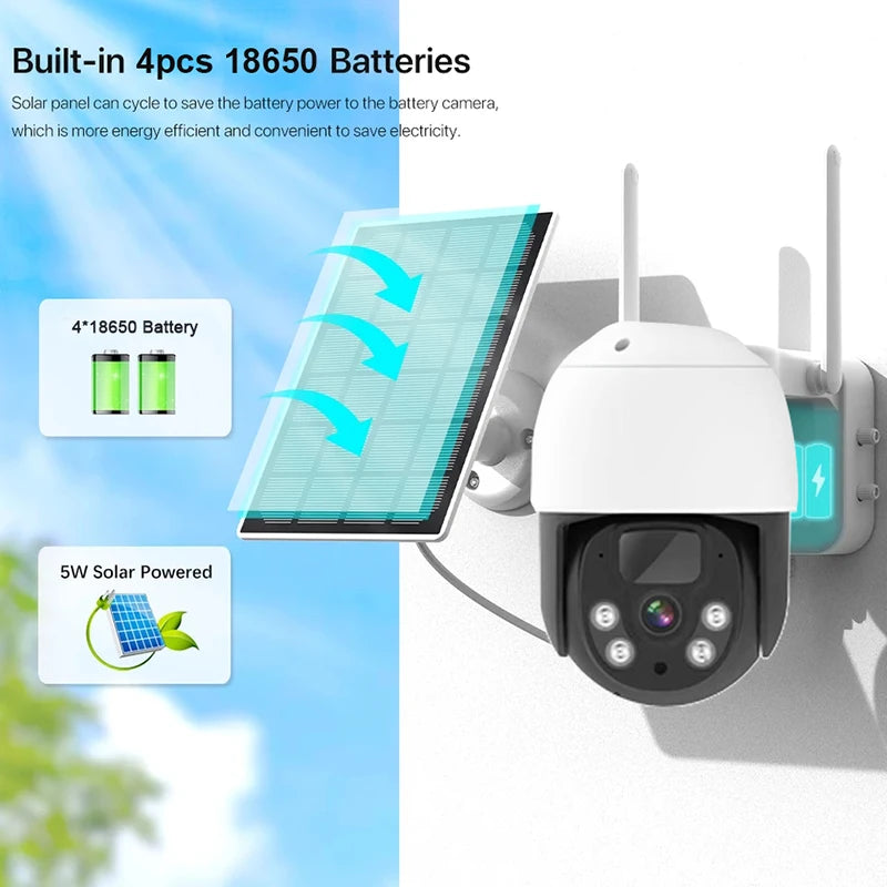 Wistino 4MP Battery Solar Power Two Way Audio PTZ Camera Wifi NVR System 4CH Solar Cctv Kit Wireless Security Camera