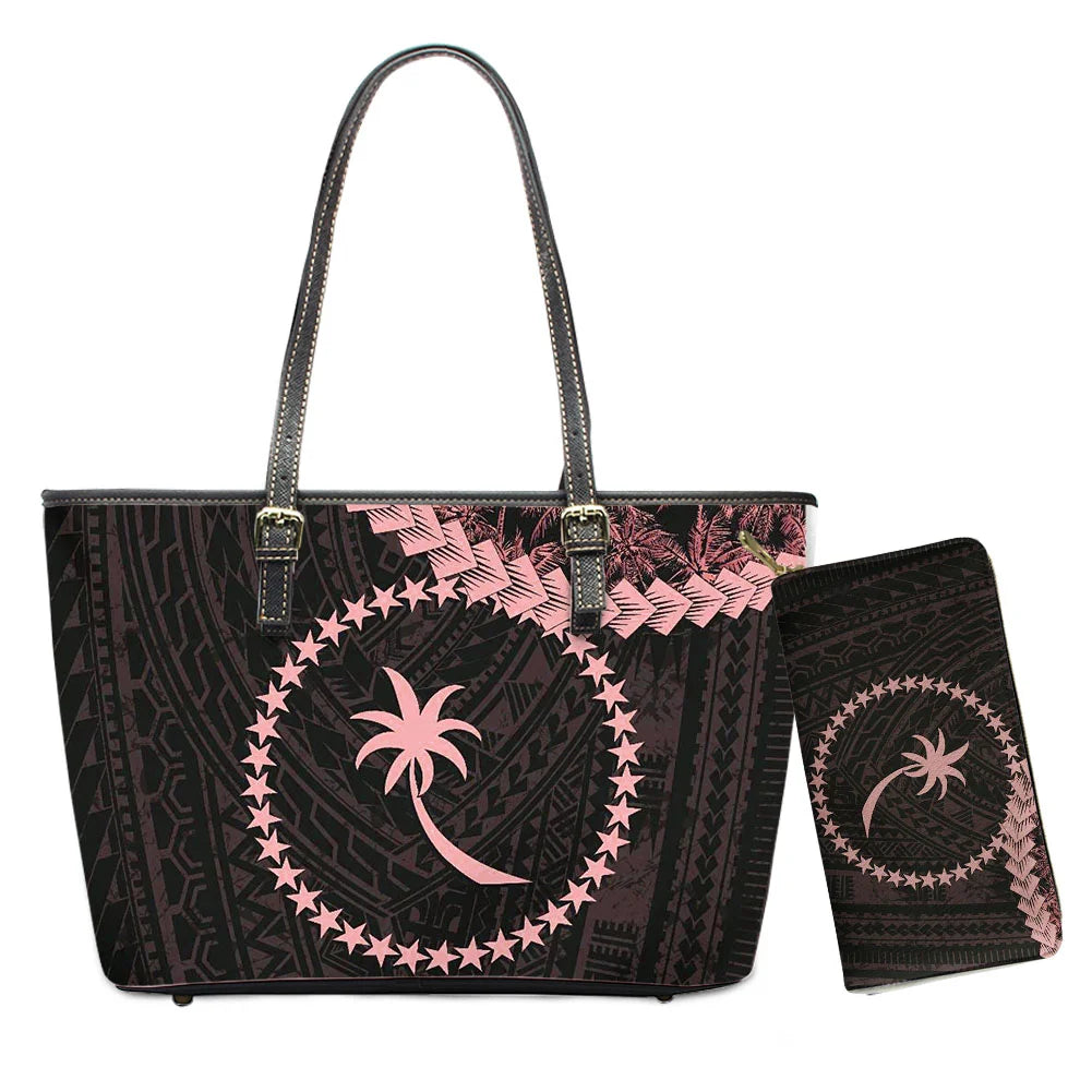 Hawaiian Flower Polynesian Design Print Women Handbags and Purses Set Customized Large Leather Tote Matching Long Zipper Wallet