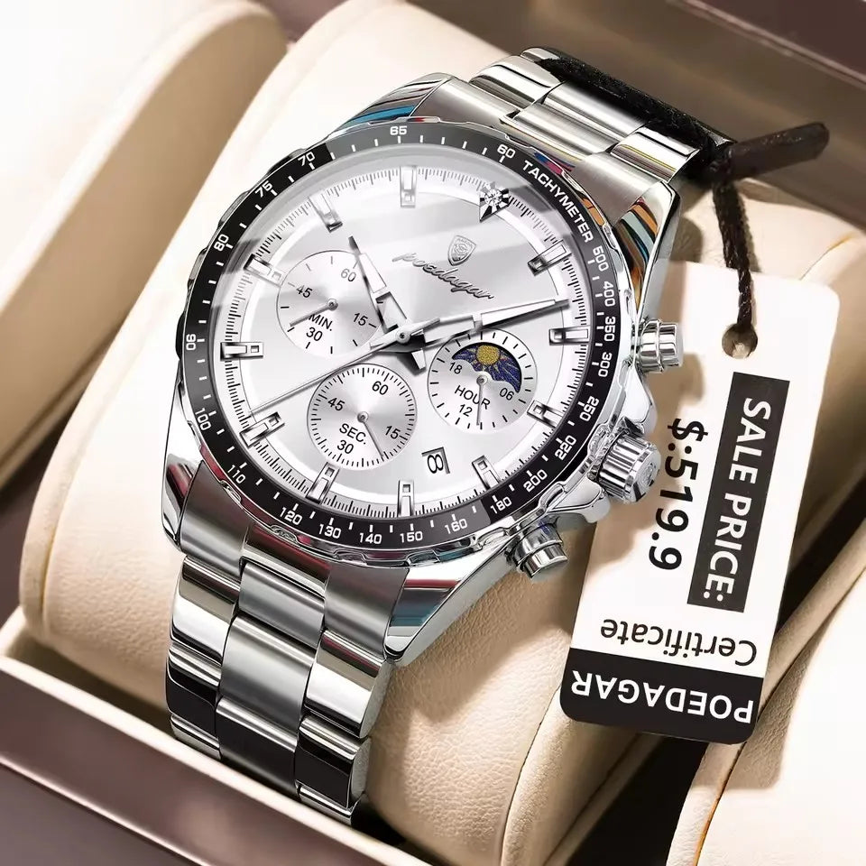POEDAGAR 879 Original Watch Man Stainless Steel Quartz Men Clock Sports Waterproof Luminous Chronograph Date Reloj Men's Watches