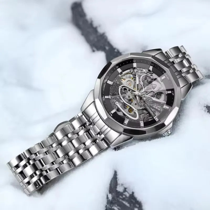 FORSINING Gold Mechanical Watches Waterproof Skeleton Automatic Movement Watch for Men Luxury Stainless Steel Men's Watches