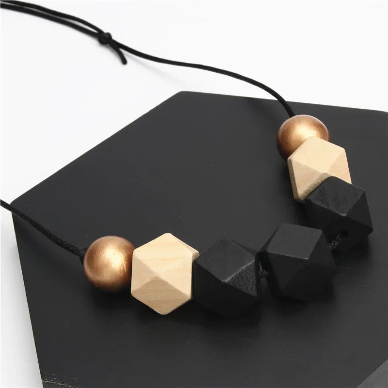 New Wood Geometric Necklace Painted Chunky Faceted Wooden Beads Ball Chunky Leather Cord Brown Black Statement