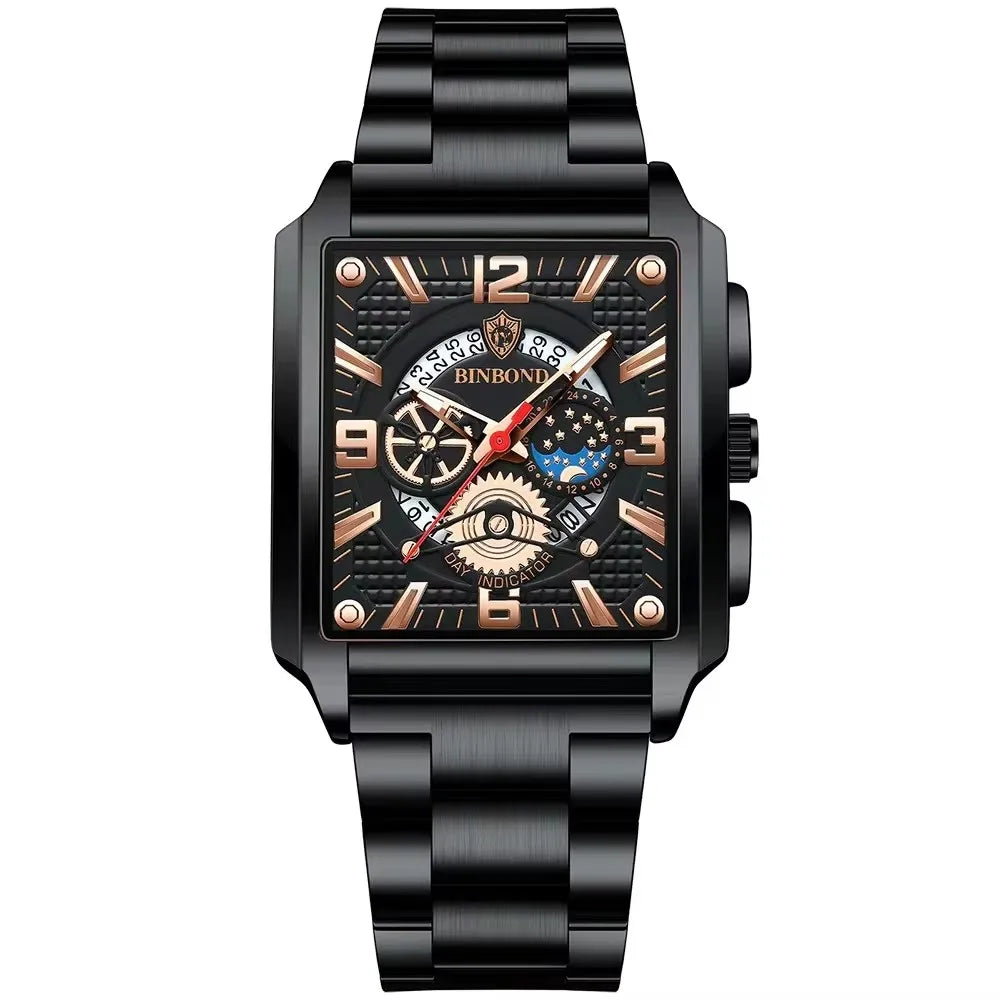 Binbond B6575 6575 Watch Stainless Steel Quartz Wrist Genuine Casual Square Waterproof Leather Belt Luminous Hands Men's Watches