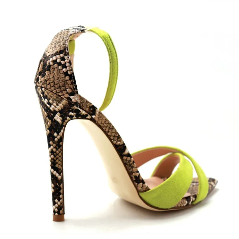 2019 Women Pointed Toe Ankle Strap Faux Suede Snake Print Stiletto High Heels Sandals