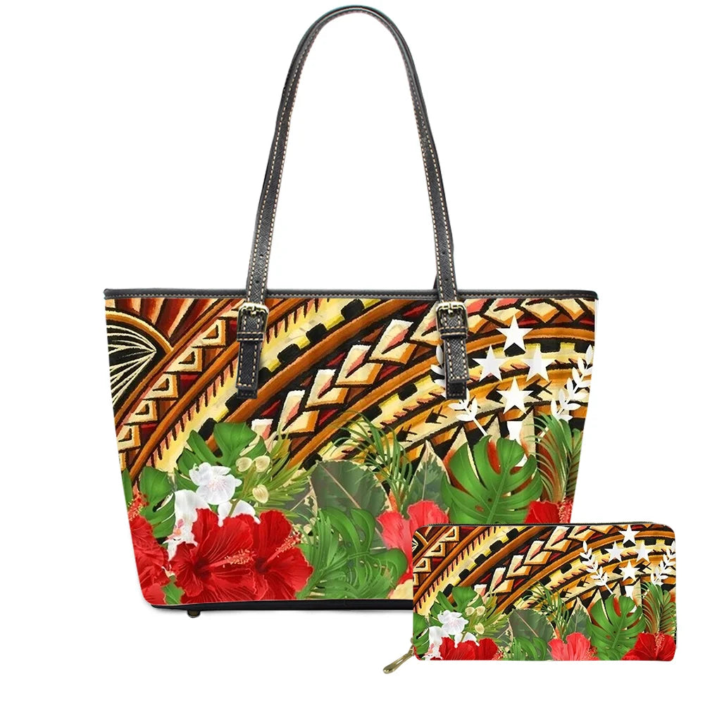 Hawaiian Flower Polynesian Design Print Women Handbags and Purses Set Customized Large Leather Tote Matching Long Zipper Wallet