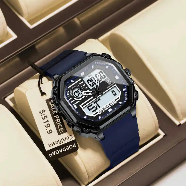 POEDAGAR 993 Sports LED Men Watch Waterproof Luminous Week Date Square Wristwatch Silicone Strap Electronic Quartz Men's Watches