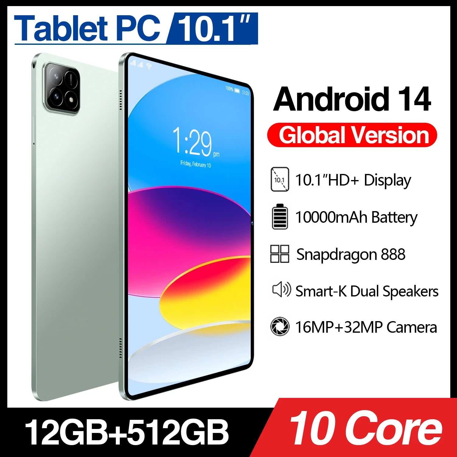 Pad6S 10.1-Inch Quad Core Android Tablet PC with 4G Network 12GB Memory Capacitive Front Phone HD Display Resolution