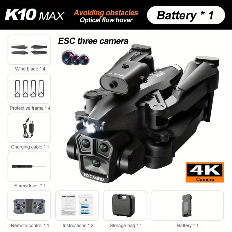 K10 Max Mini Foldable Drone With 4k Camera and GPS Long Range With Three Camera Wifi Aircraft Optical Flow Quadcopter Drone