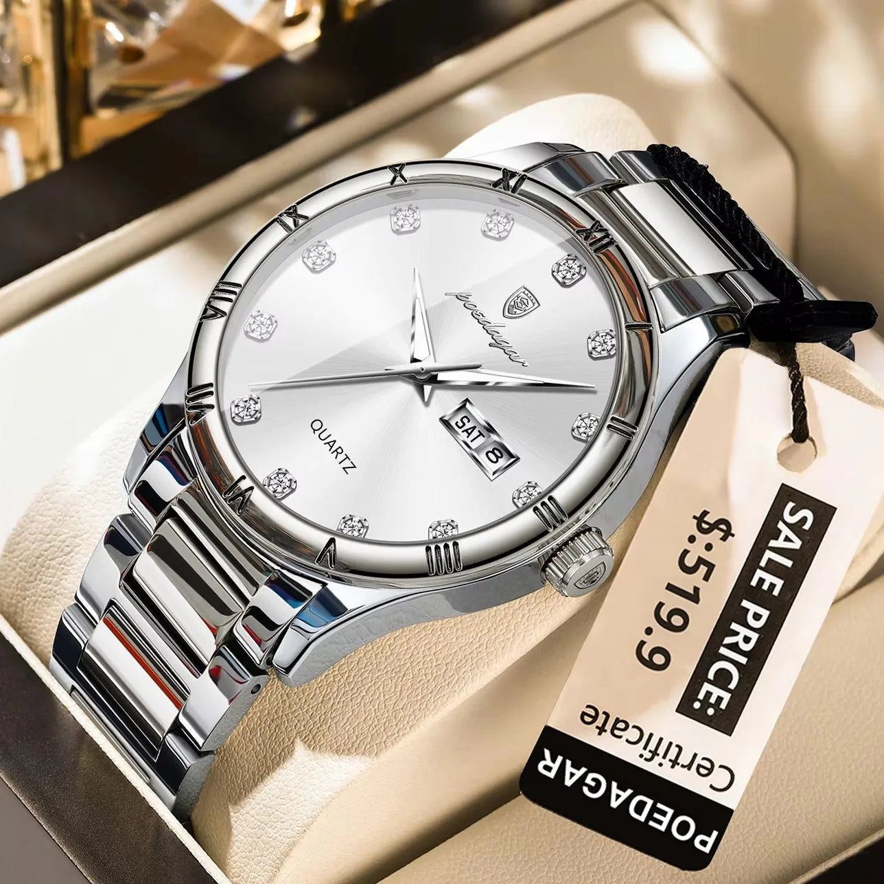 POEDAGAR 878 Top Luxury Watch Man Date Week Waterproof Luminous Man Wristwatch Quartz Stainless Steel Men's Watches Sports Reloj