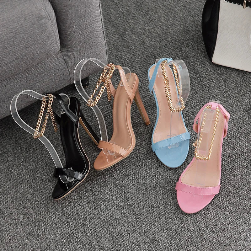 2024 New Zapatos Sexy Metal Chain Pointed Toe Stiletto Heels Thin Heel Sandals for Women Fashion Trend for Summer