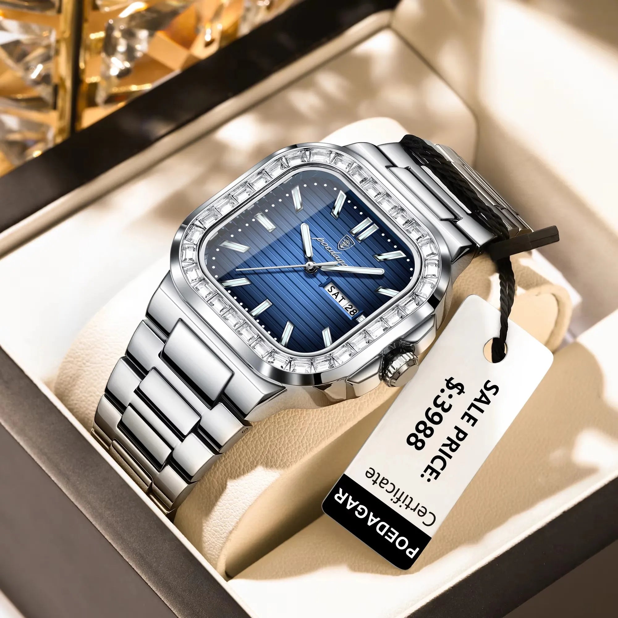 POEDAGAR Luxury Watch for Men Waterproof Luminous Date Week Man Wristwatch Stainless Steel Square Diamond Quartz Men's Watches
