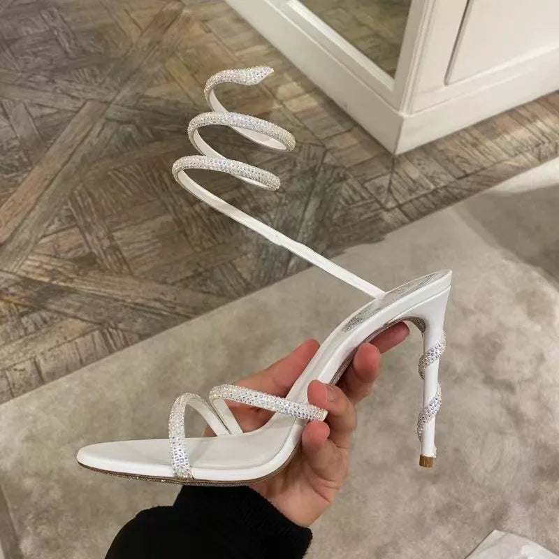 Rome Open Toe Woman Sandals Sexy Thin High Heels Fashionable Snake Straps Breathable Ankle-Style Party Prom Shoes for Wedding
