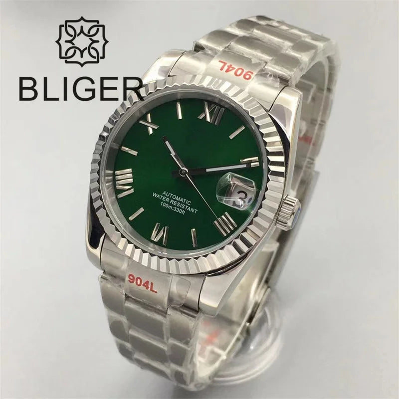 Stylish BLIGER Men's Watches with NH35 Movement 36mm/39mm President Bracelet Fluted Frame ScratchResistant Sapphire Glass