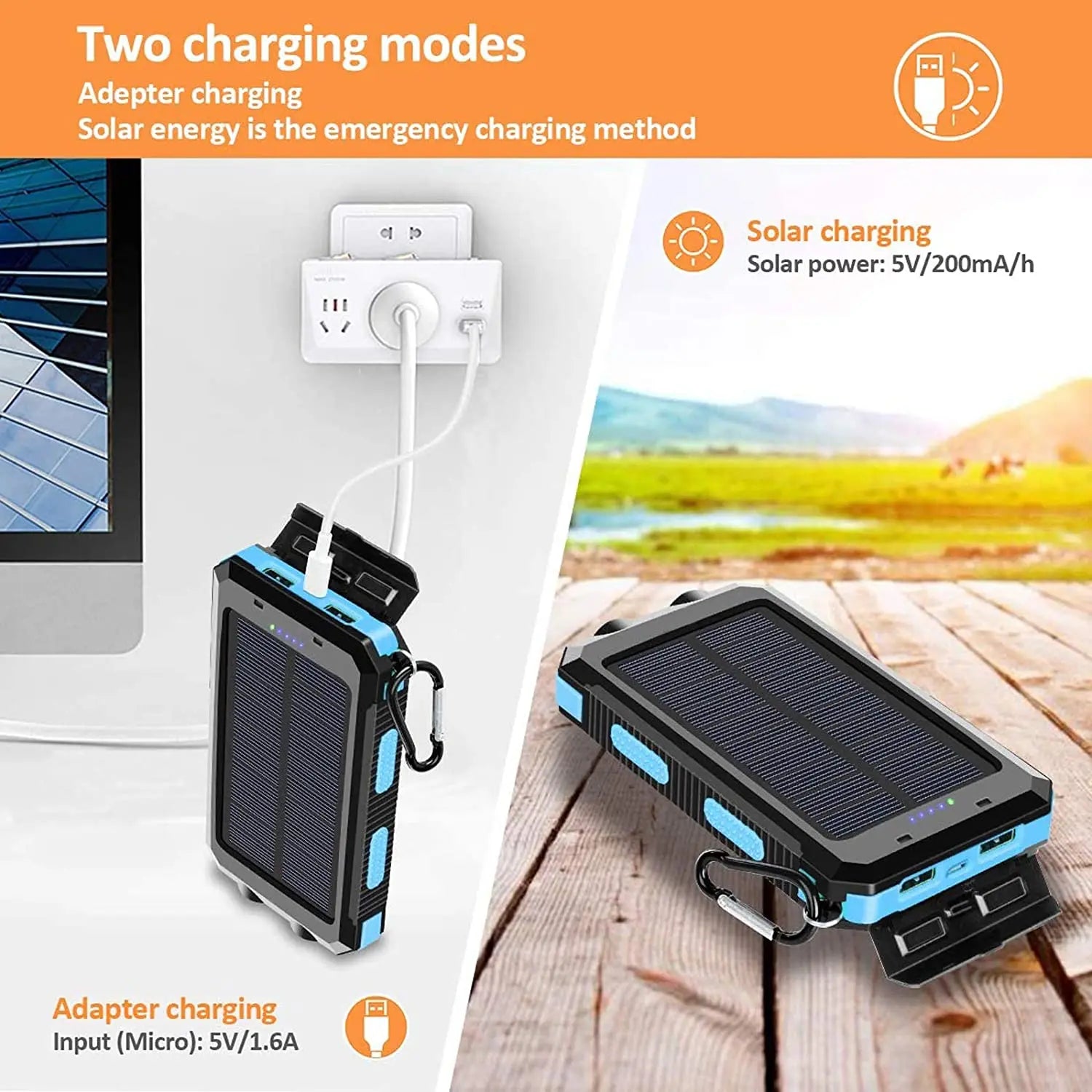 Outdoor Portable 20000mah Solar Power Bank Dual Usb 5V 2A Camping Solar Battery Pack Solar Power for Phone
