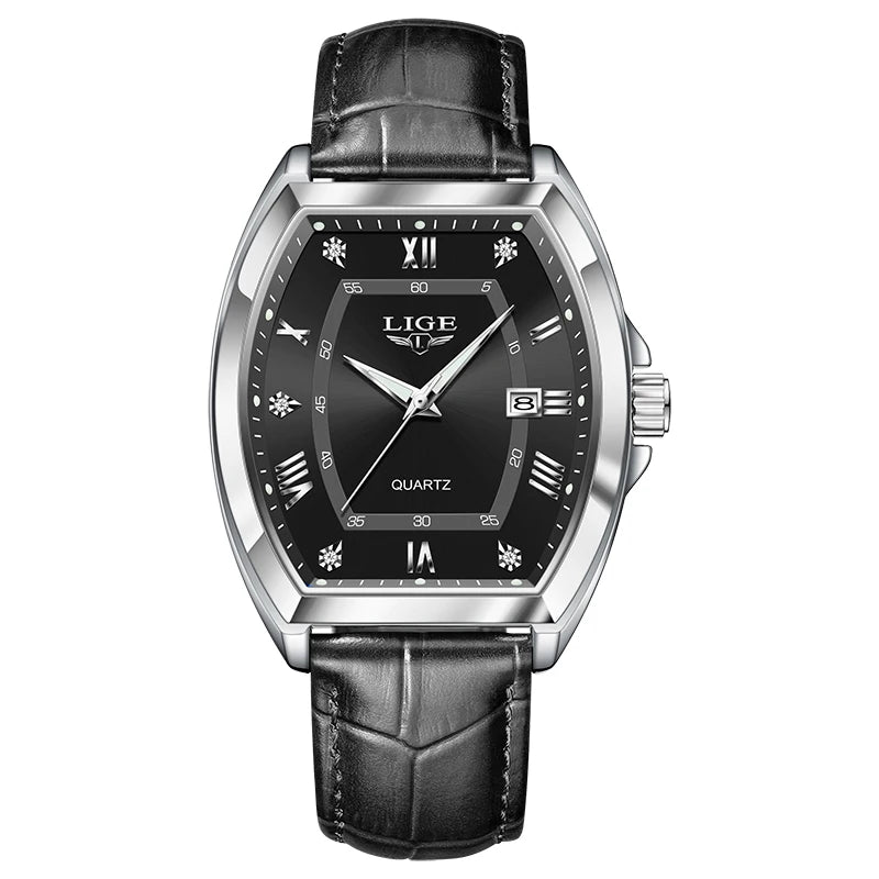 LIGE Men's Watches Luxury Original Top Brand Quartz Watch for Men Leather Waterproof Luminous Diamond Dial Date Male Wristwatch