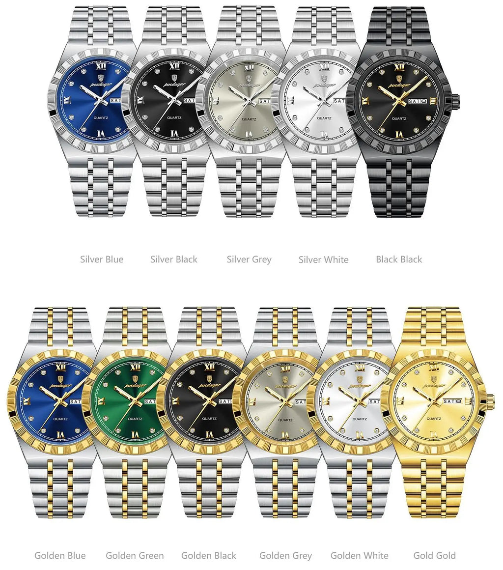 POEDAGAR 872 Week Date Watch Men Life Waterproof Original Diamond Wristwatch Quartz Reloj Luminous Stainless Steel Men's Watches