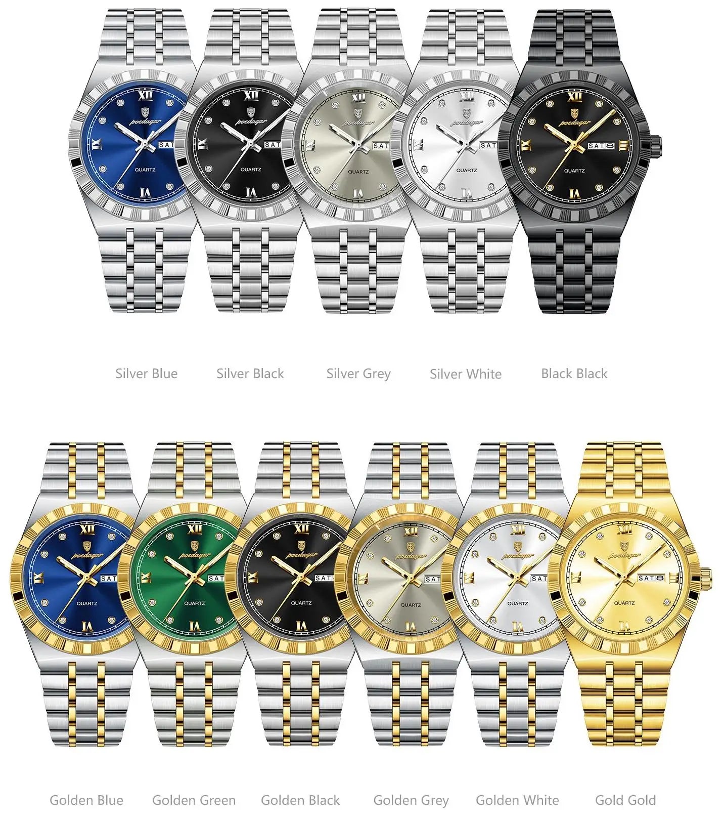 POEDAGAR 872 Week Date Watch Men Life Waterproof Original Diamond Wristwatch Quartz Reloj Luminous Stainless Steel Men's Watches