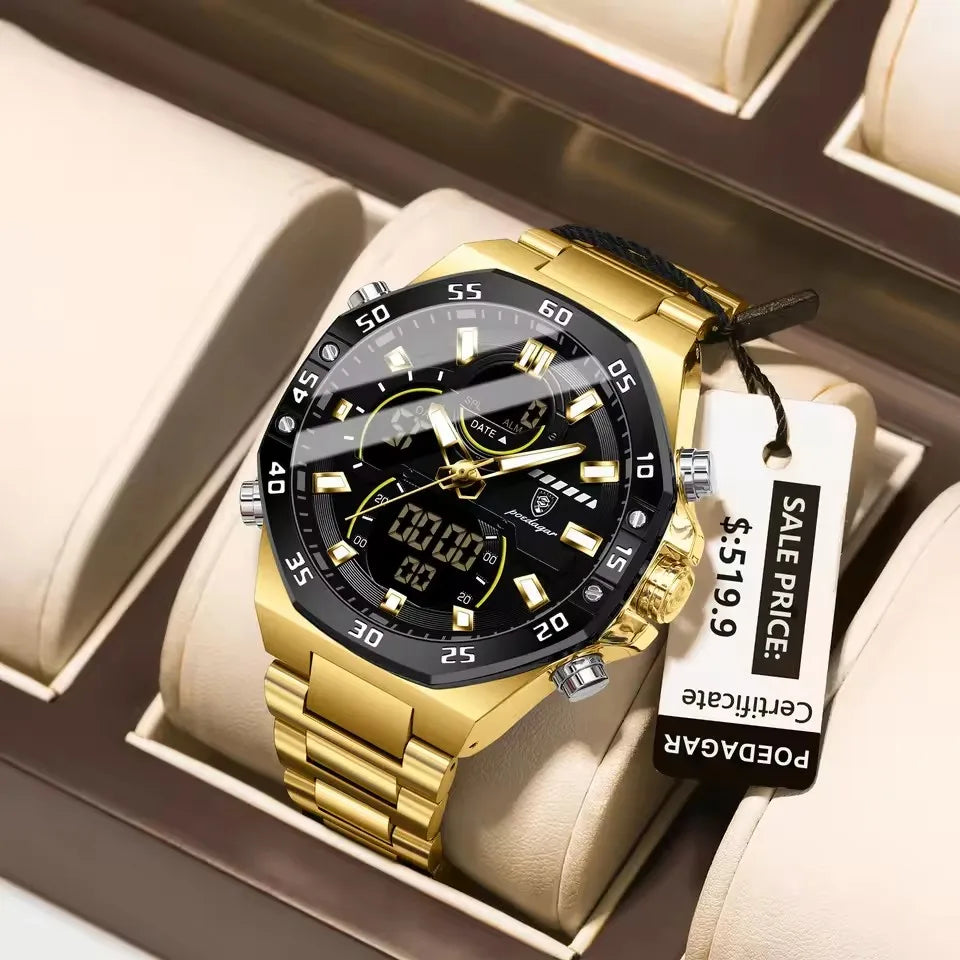 POEDAGAR E101 Luminous Week Date Man Watch LED Fashion Men Waterproof Dual Time Display Digital Electronic Quartz Men's Watches
