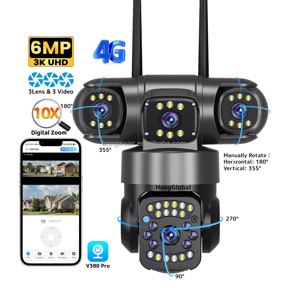 HongGlobal 6MP 360 Network Surveil PTZ 3Lens 4G LTE Network Camera Home Indoor Security Outdoor V380 Pro 4G Sim Card CCTV Camera