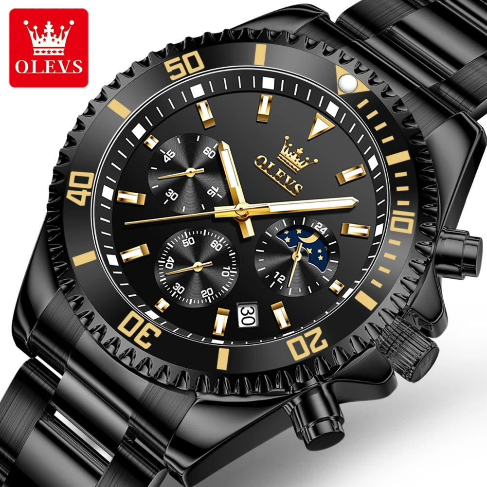 OLEVS 2870 Men's Watches Luxury Watch for Men Original Waterproof Stainless Steel Wristwatch Moon Phase Date Rota Dial