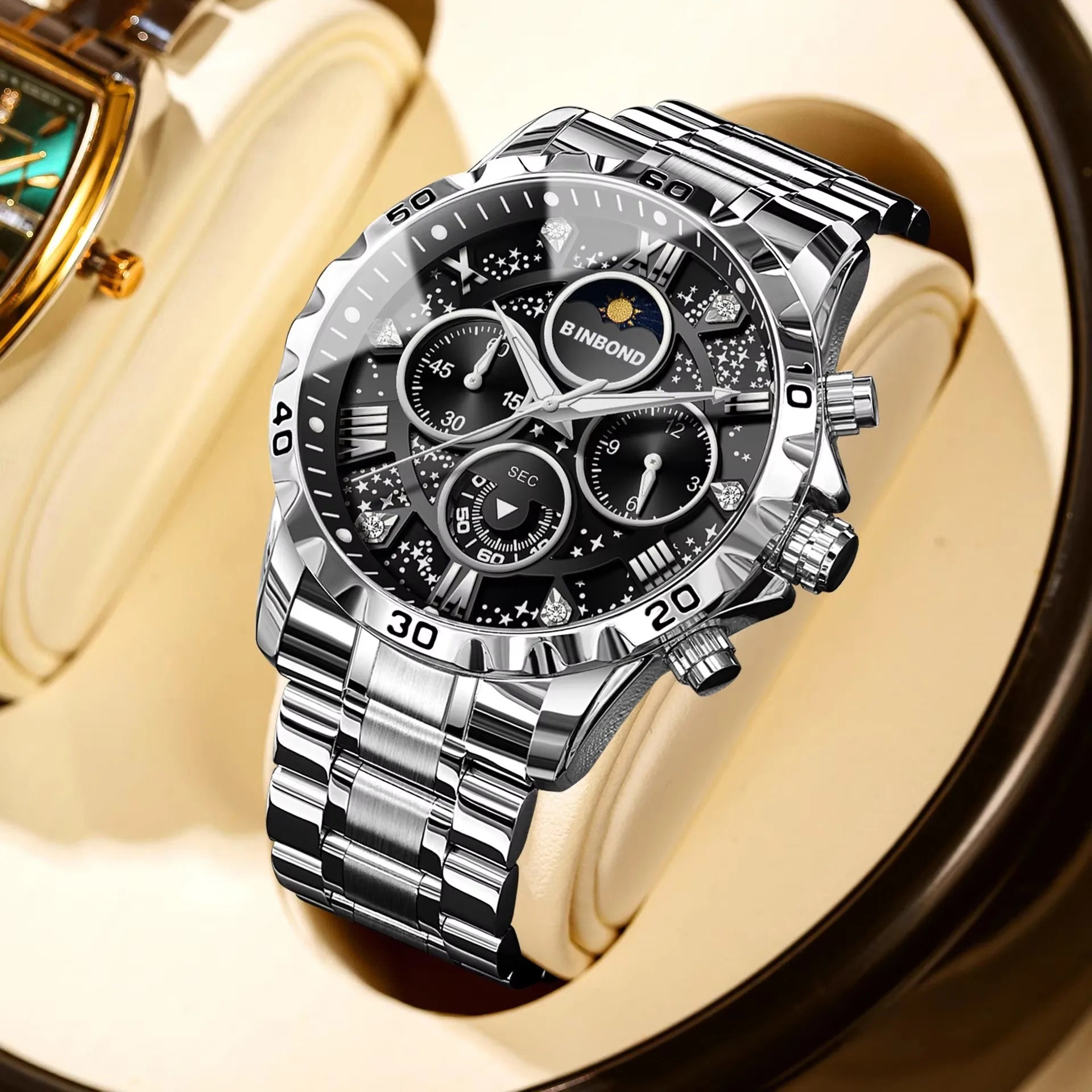 Binbond B7741 7741 Original Men Clock Sports Waterproof Luminous Chronograph Date Stainless Steel Quartz Men's Watches Reloj