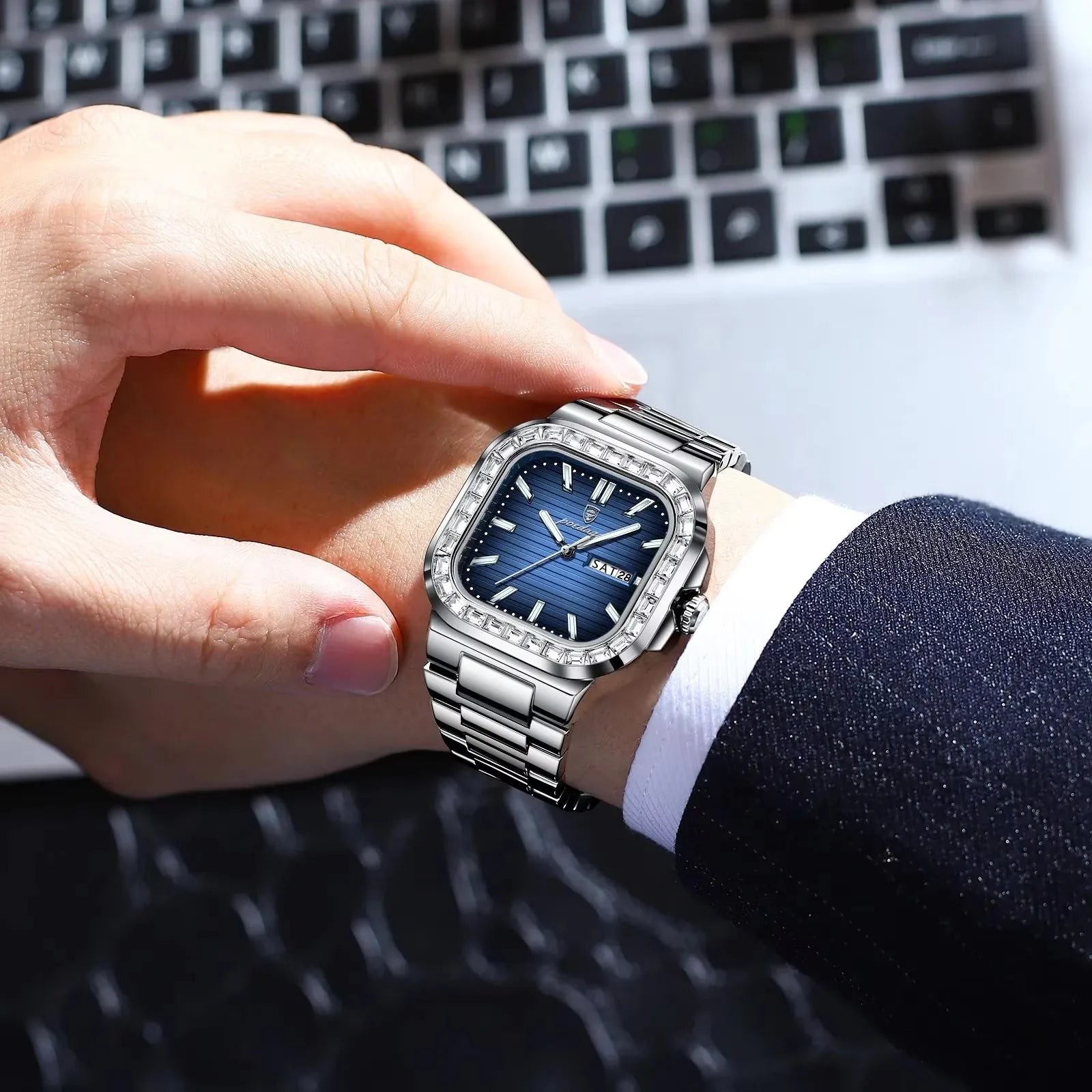 POEDAGAR Luxury Watch for Men Waterproof Luminous Date Week Man Wristwatch Stainless Steel Square Diamond Quartz Men's Watches