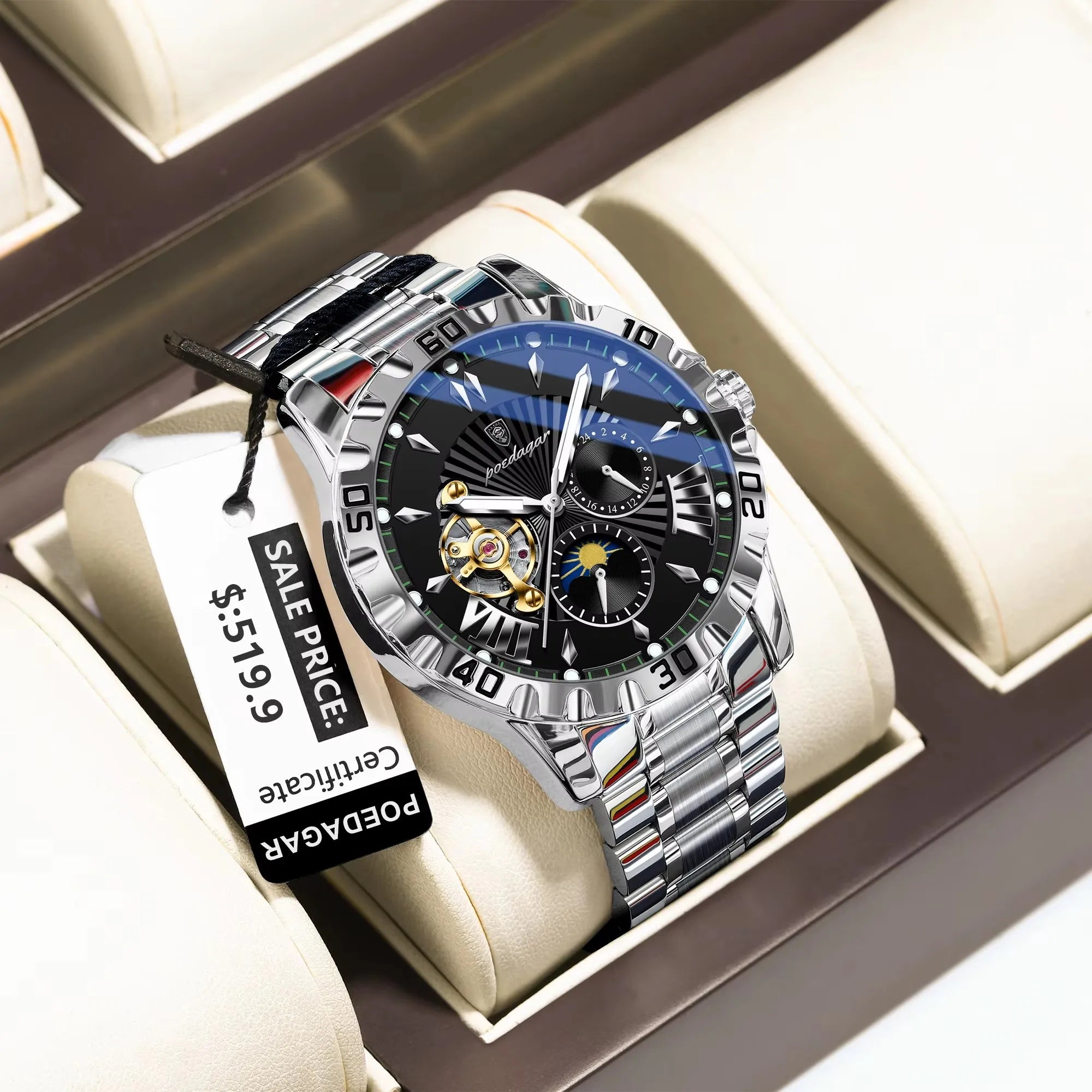 POEDAGAR 1415 Automatic Mechanical Man Watch Waterproof Luxury Men Hollow Out Tourbillon Luminous Stainless Steel Men's Watches