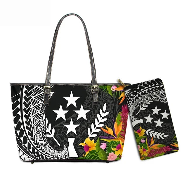 Hawaiian Flower Polynesian Design Print Women Handbags and Purses Set Customized Large Leather Tote Matching Long Zipper Wallet
