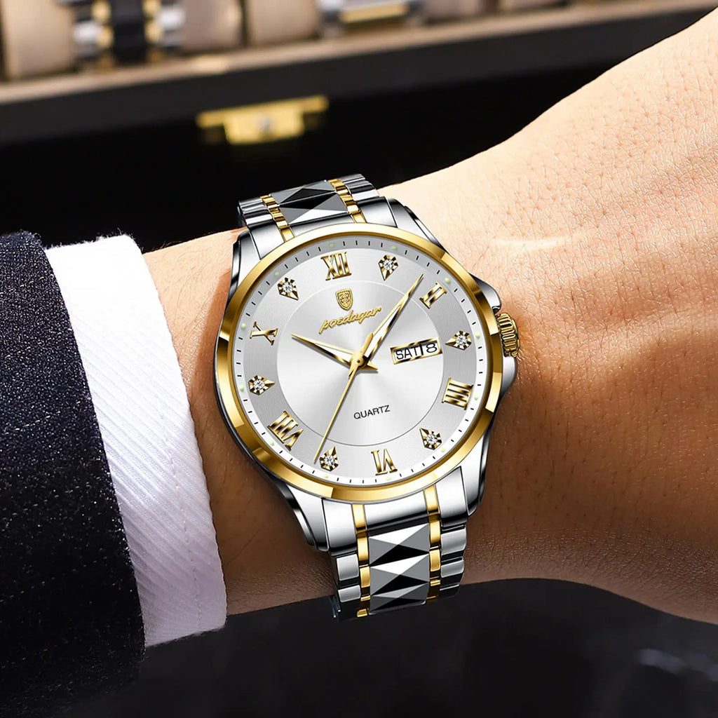 POEDAGAR 883 Stainless Steel Belt Quartz Men's Watches Male Reloj Fashion Men Clock Waterproof Luminous Date Week Man Wristwatch
