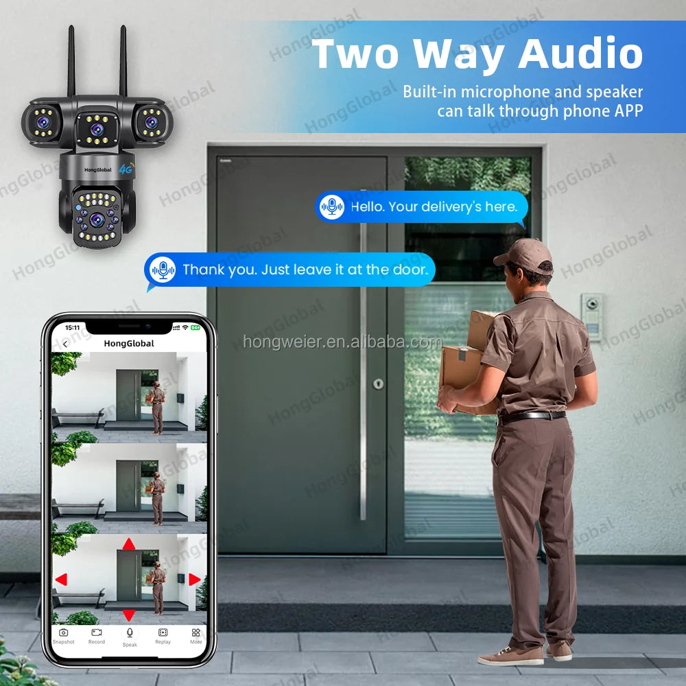 HongGlobal 6MP 360 Network Surveil PTZ 3Lens 4G LTE Network Camera Home Indoor Security Outdoor V380 Pro 4G Sim Card CCTV Camera