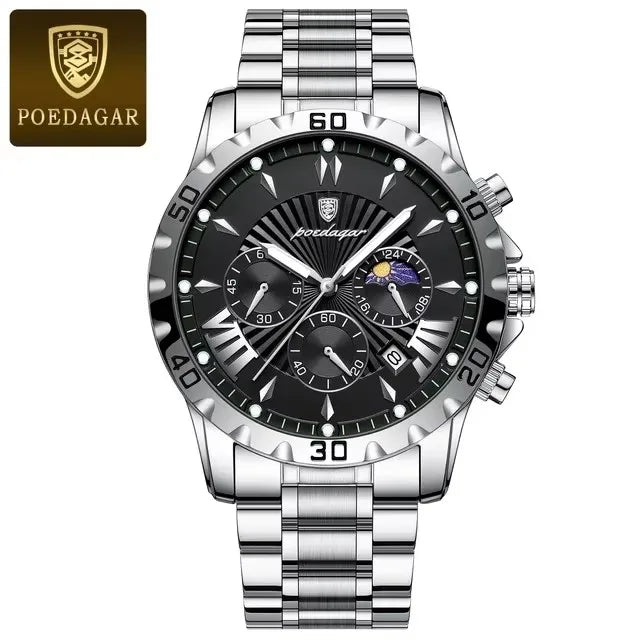 POEDAGAR 968 Sports Watch Men Quartz Waterproof Luminous Date Chronograph Men's Watches Stainless Steel Man Watch Male Clock