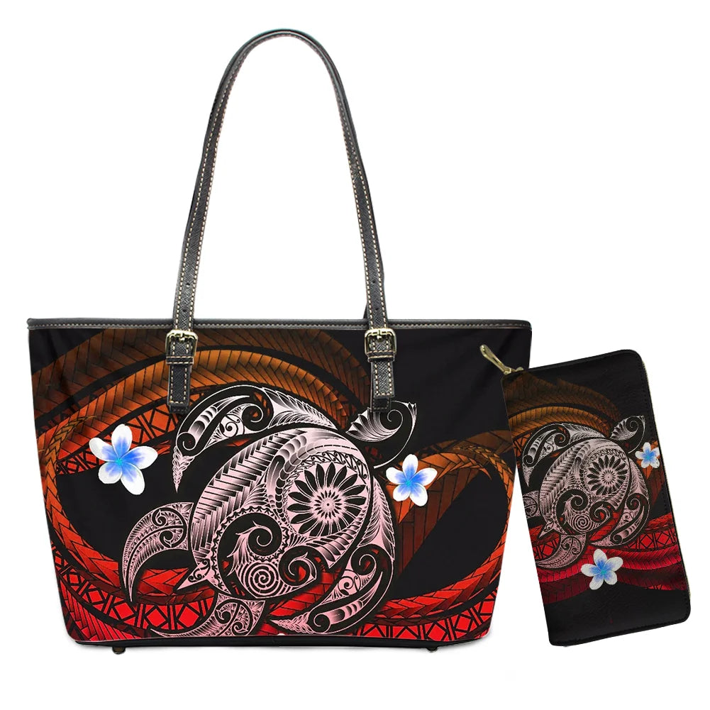 Hawaiian Flower Polynesian Design Print Women Handbags and Purses Set Customized Large Leather Tote Matching Long Zipper Wallet