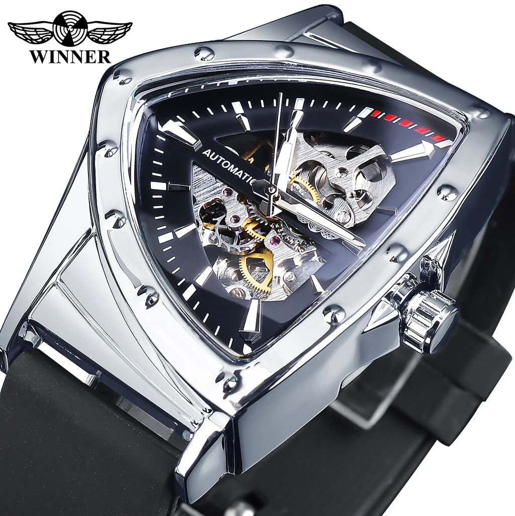WINNER Sport Style Men's Watches Transparent Mechanical Watch Triangle Automatic   With Luminous Pointers