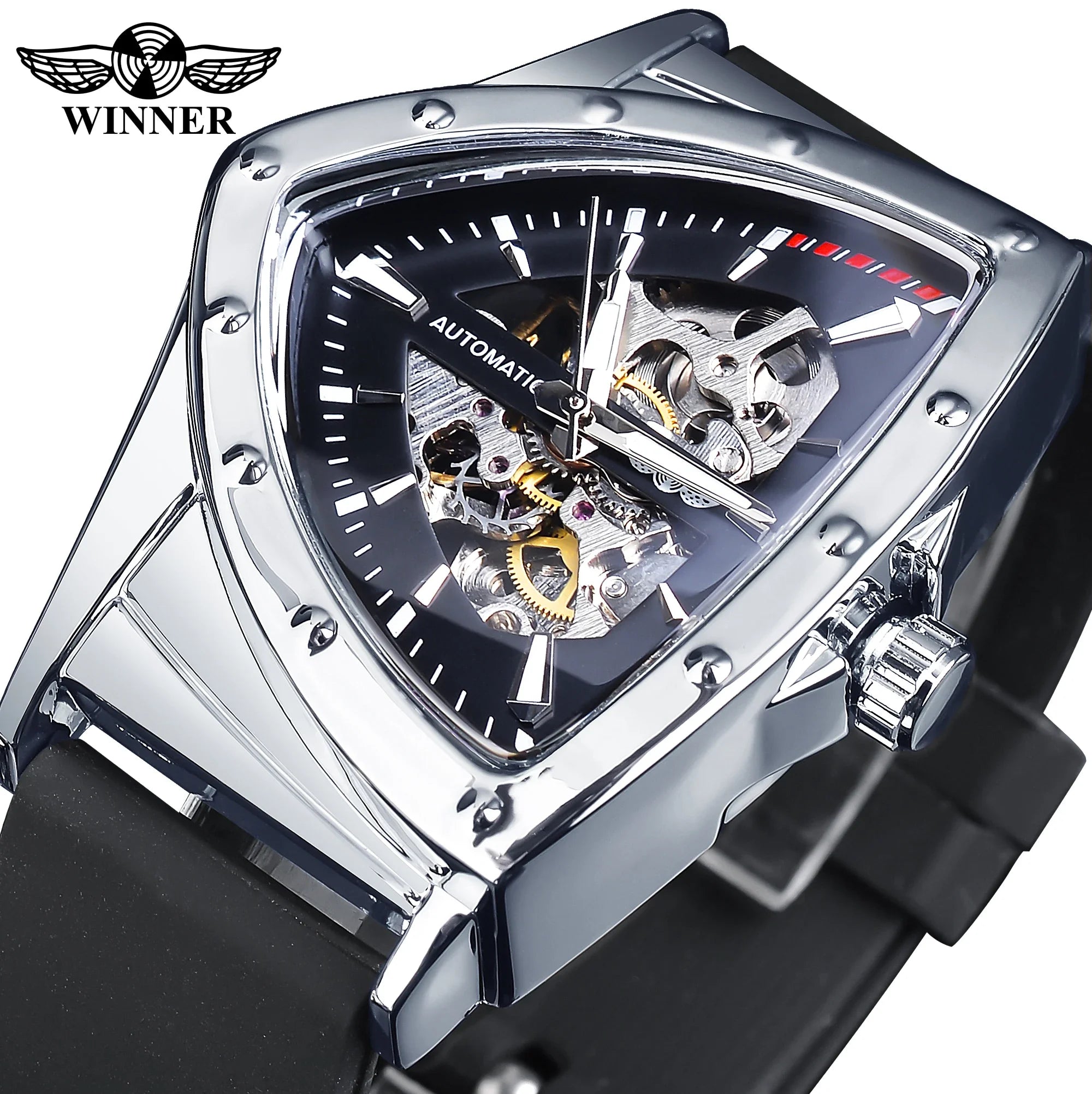 WINNER Sport Style Men's Watches Transparent Mechanical Watch Triangle Automatic   With Luminous Pointers