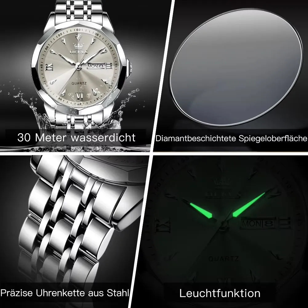 OLEVS 9998 Luxury Male Dual Calendar Luminous Wristwatch Fashion Original Men's Watches Waterproof Stainless Steel Quartz Watch