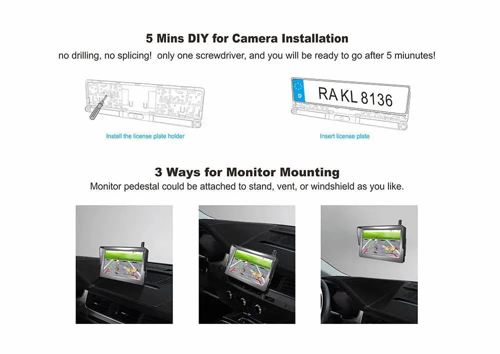 Vehicle DIY 5 Inch Monitor EU Car License Plate Camera Solar Wireless 170 Degree WiFi 720P HD Car Front Rear View Reverse Camera