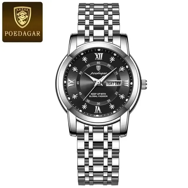POEDAGAR Women Wristwatch 769 Luxury Diamond Quartz Ladies Watch Waterproof Stainless Steel Luminous Date Week Women's Watches